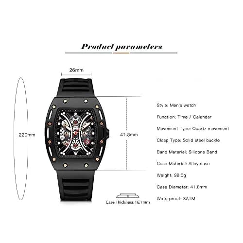 AIMES Men’s Black Skeleton Tonneau Watch | 41.8mm Quartz, Water-Resist 30M thumbnail 6
