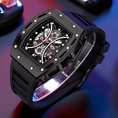 AIMES Men’s Black Skeleton Tonneau Watch | 41.8mm Quartz, Water-Resist 30M thumbnail 2