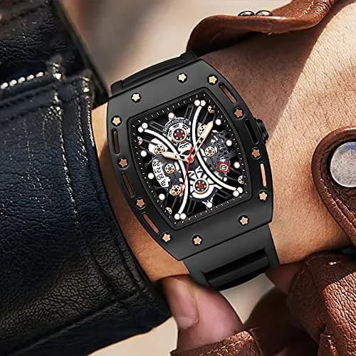 AIMES Men’s Black Skeleton Tonneau Watch | 41.8mm Quartz, Water-Resist 30M thumbnail 3