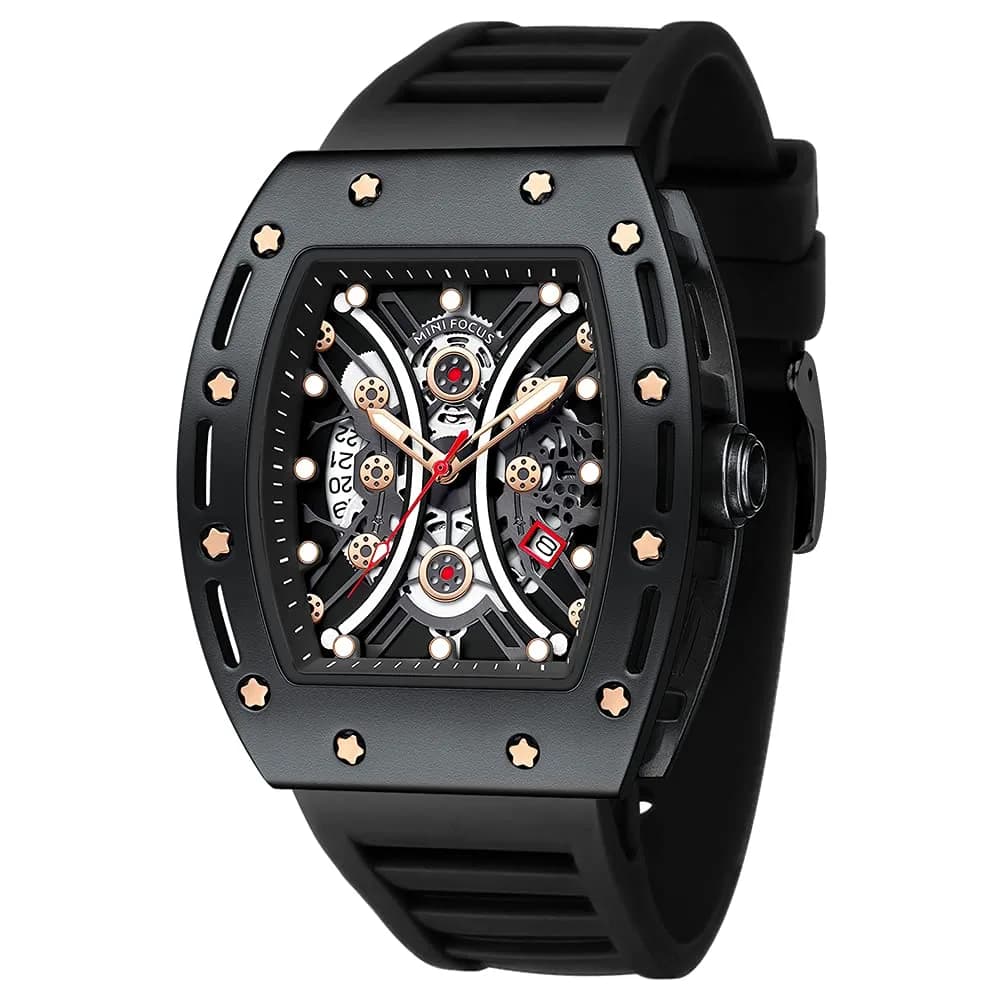 AIMES Men's Tonneau Watch Gold Blue 41.8mm (1.65 inch) | Skeleton Dial Luxury Quartz — Black