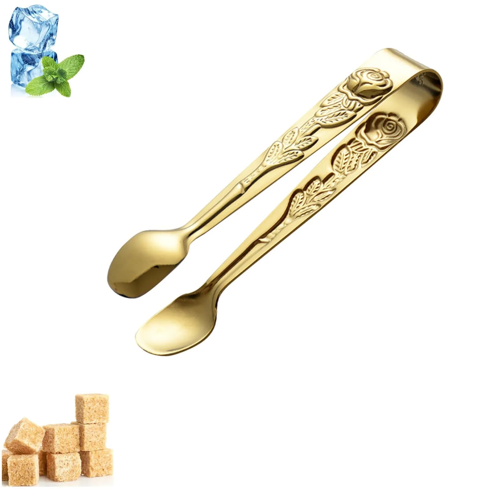 Saycker Mini Serving Tongs 4Inch Rose Pattern Stainless Steel Gold | Small Ice & Sugar Cube Tongs — Gold