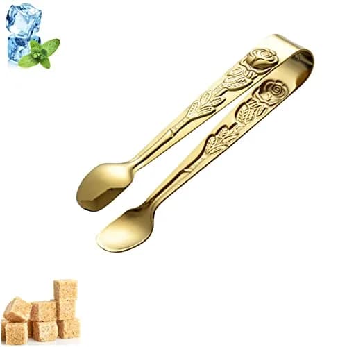 Saycker Mini Serving Tongs 4Inch Rose Pattern Stainless Steel Gold | Small Ice & Sugar Cube Tongs thumbnail 1