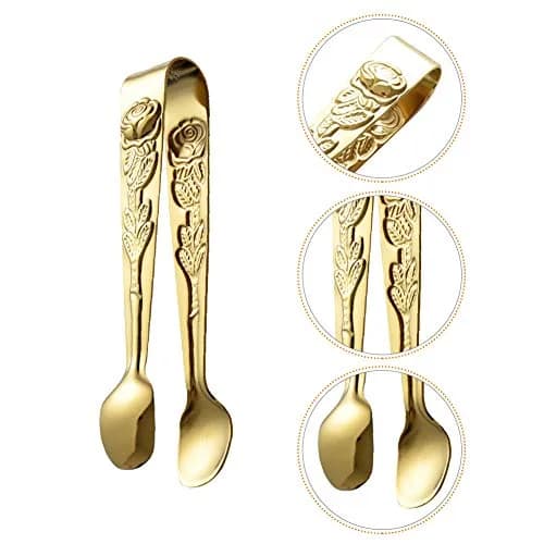 Saycker Mini Serving Tongs 4Inch Rose Pattern Stainless Steel Gold | Small Ice & Sugar Cube Tongs thumbnail 2