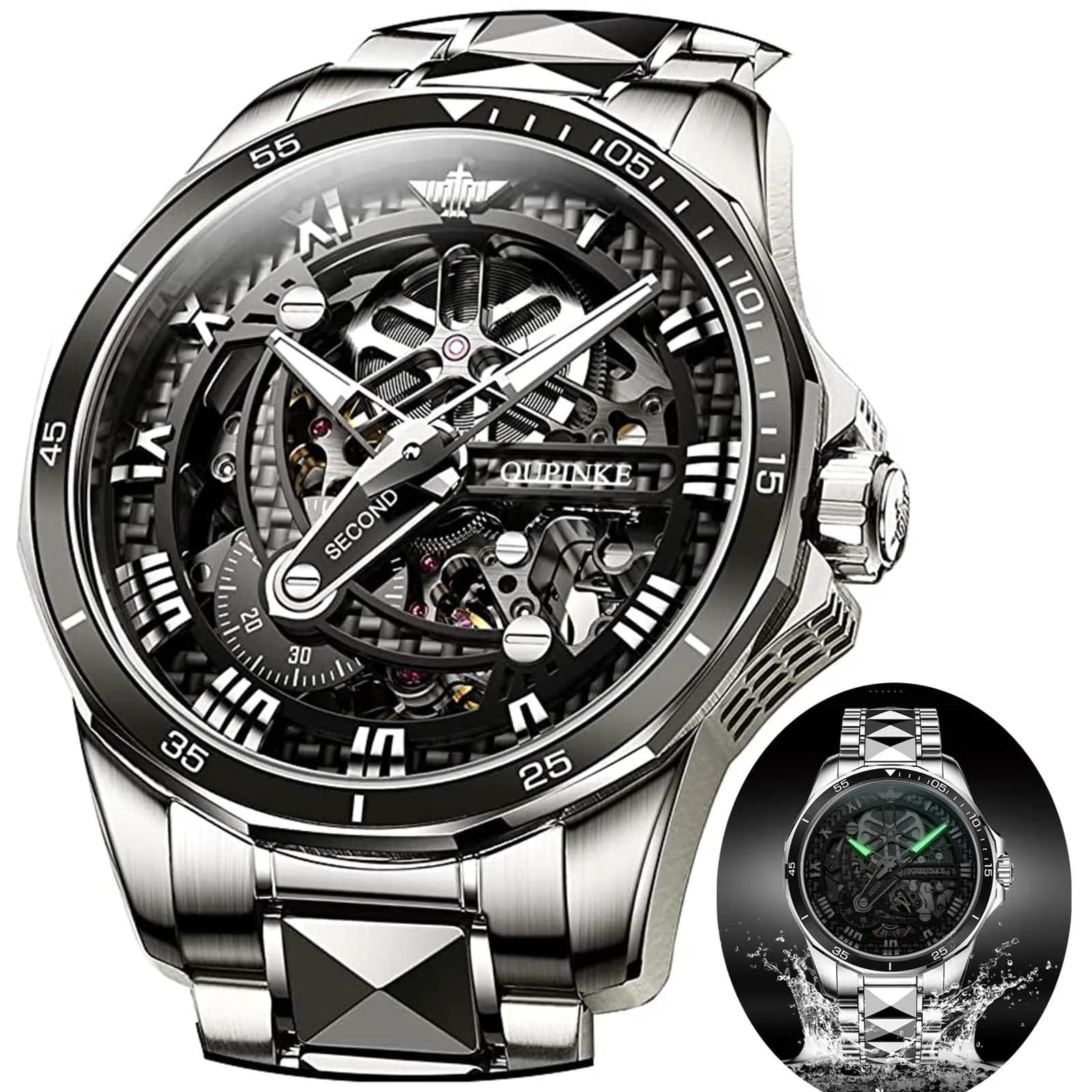 OLEVS Automatic Skeleton Watch for Men 42mm (1.65 Inches) Silver Tungsten Steel | Big Face Waterproof Luxury Watch