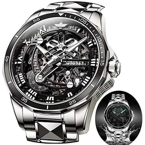 OLEVS Automatic Skeleton Watch for Men 42mm (1.65 Inches) Silver Tungsten Steel | Big Face Waterproof Luxury Watch thumbnail 1