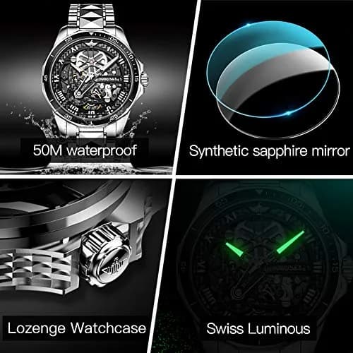 OLEVS Automatic Skeleton Watch for Men 42mm (1.65 Inches) Silver Tungsten Steel | Big Face Waterproof Luxury Watch thumbnail 5