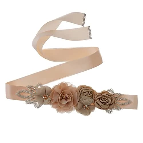 Huralona Wedding Sash Belt Satin Ribbon with Flowers Pearls Rhinestone | Elegant Bridal Accessory for Women thumbnail 1