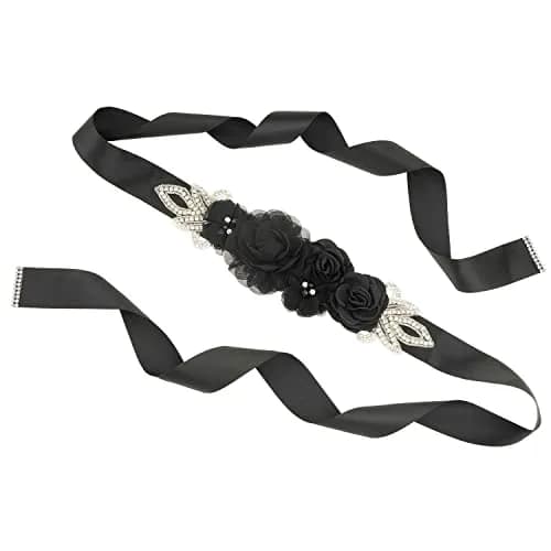 Huralona Wedding Sash Belt Satin Ribbon with Flowers Pearls Rhinestone | Elegant Bridal Accessory for Women thumbnail 1