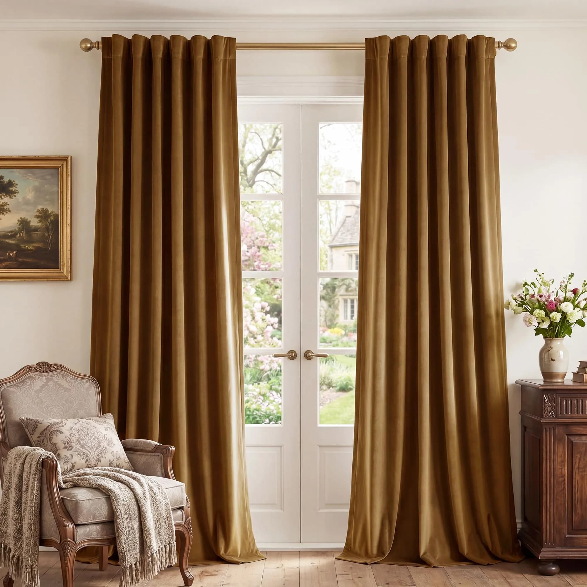 StangH Gold Brown Velvet Curtains for Living Room | Room Darkening, Thermal Insulation, Vintage Boho Style
