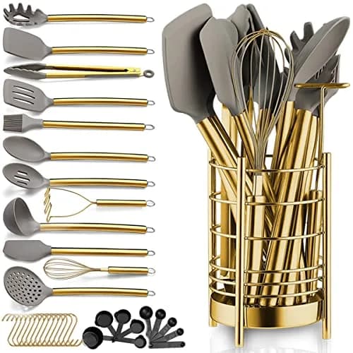 Berglander Gold Kitchen Utensils Set, 38 Pieces Non-stick Silicone Cooking Tools with Stainless Steel Holder, Dishwasher Safe thumbnail 1