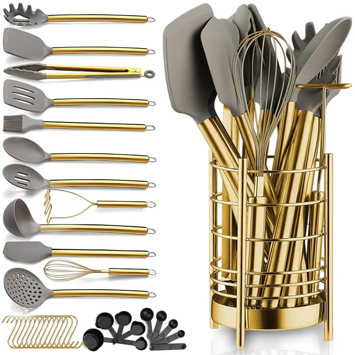 Berglander Gold Ladle | Non-stick Silicone Kitchen Ladle with Titanium Gold Handle (g. Ladle) | Dishwasher Safe — a. 38 Pieces