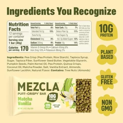 Mezcla Matcha Vanilla Snack Bars, 10g Plant Based Pea Protein Treat, 1 Ct. | Gluten Free & Vegan Protein Snack thumbnail 2