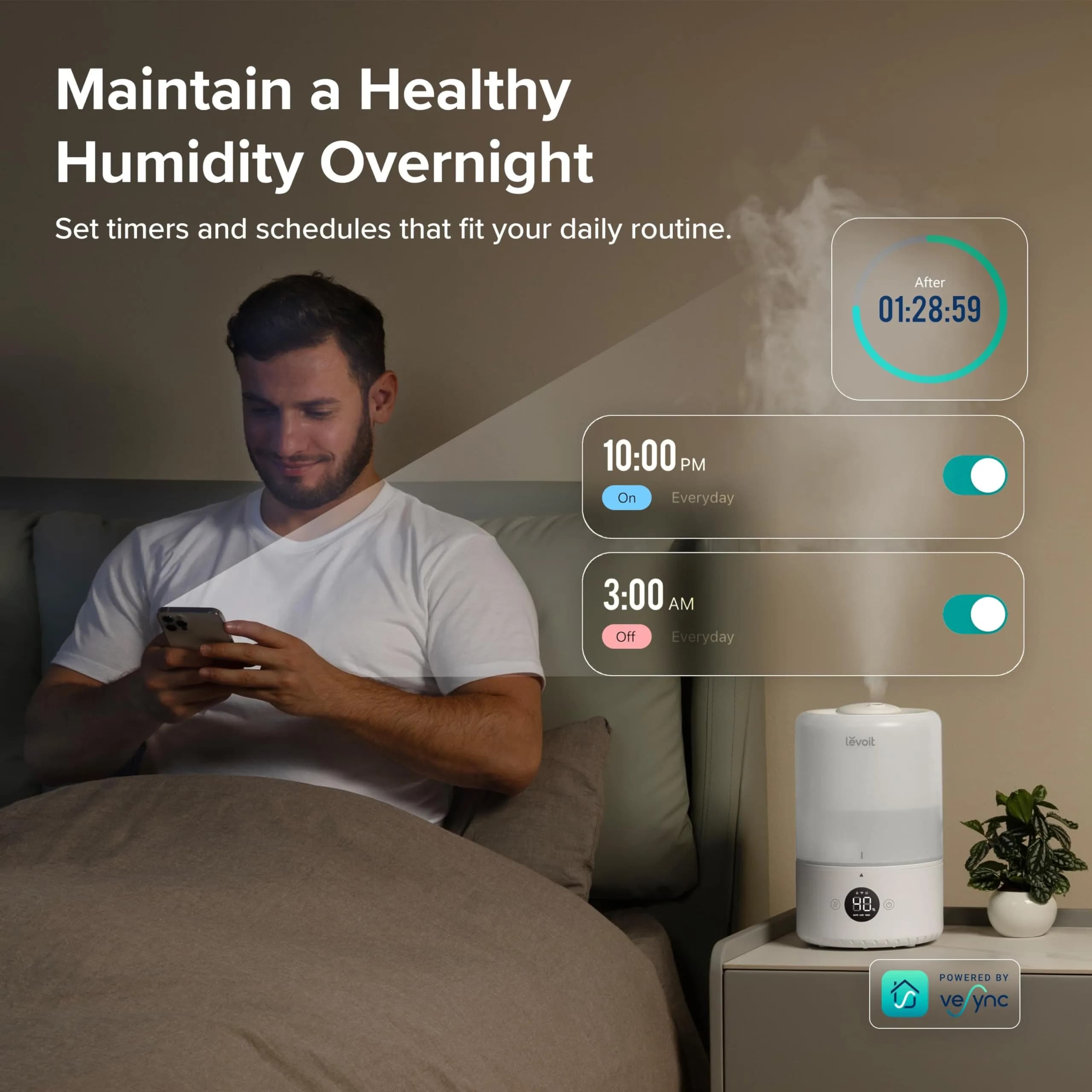 Levoit Smart Cool Mist Humidifier for Bedroom with Sensor, 3L | 25-Hour Runtime, App Control, Quiet Operation - view 4