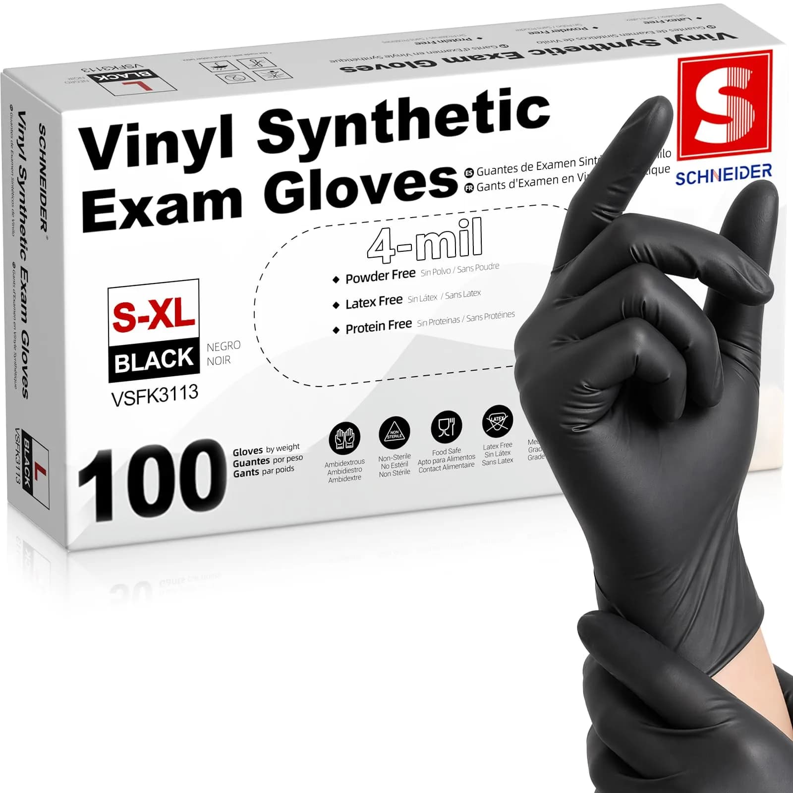 Schneider Black Vinyl Synthetic Exam Gloves Large 100-ct | Medical Grade Barrier Protection - main product image