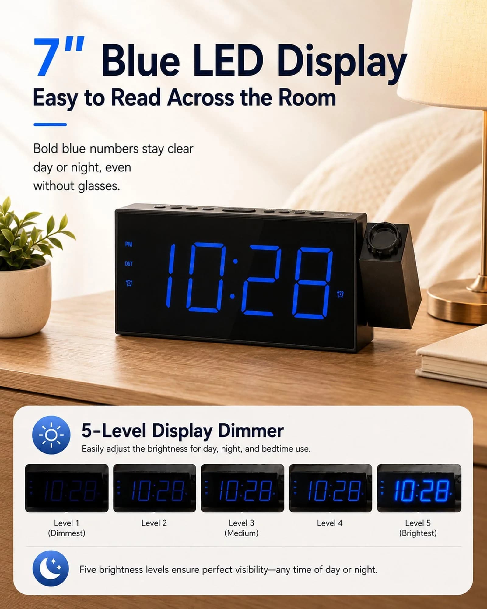 OnLyee Projection Alarm Clock for Bedroom Ceiling, 180° Projector, Dual Alarm, 7" Blue LED Display | Modern Bedside Clock - view 4