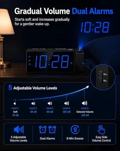 OnLyee Projection Alarm Clock for Bedroom Ceiling, 180° Projector, Dual Alarm, 7" Blue LED Display | Modern Bedside Clock thumbnail 5