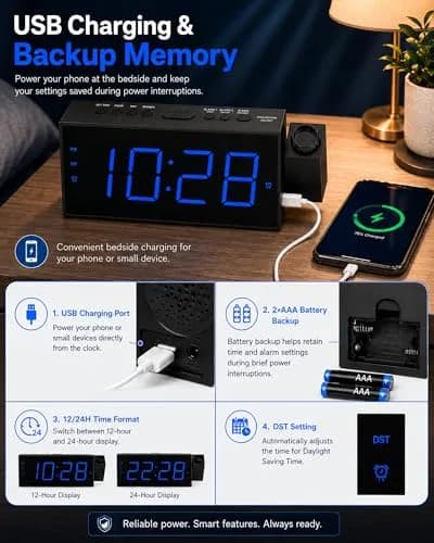 OnLyee Projection Alarm Clock for Bedroom Ceiling, 180° Projector, Dual Alarm, 7" Blue LED Display | Modern Bedside Clock thumbnail 6