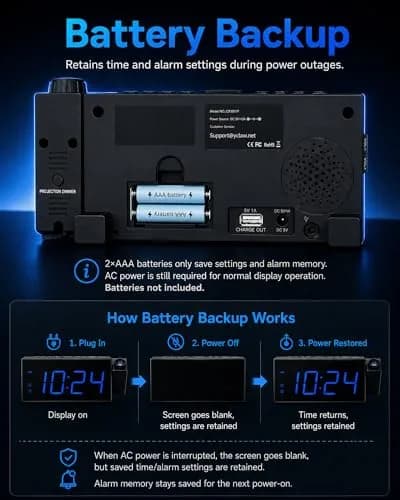 OnLyee Projection Alarm Clock for Bedroom Ceiling, 180° Projector, Dual Alarm, 7" Blue LED Display | Modern Bedside Clock thumbnail 7