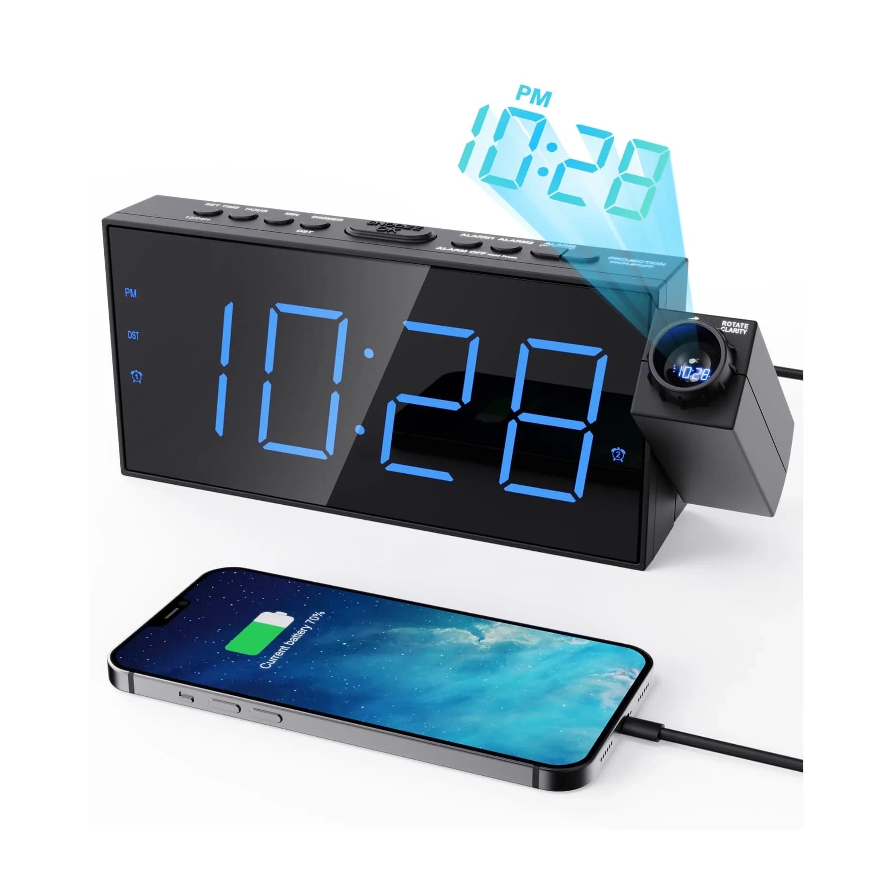 OnLyee Projection Alarm Clock for Bedroom Ceiling, 180° Projector, Dual Alarm, 7-Inch Red LED Display | Modern Design with USB Charging — Blue Projection