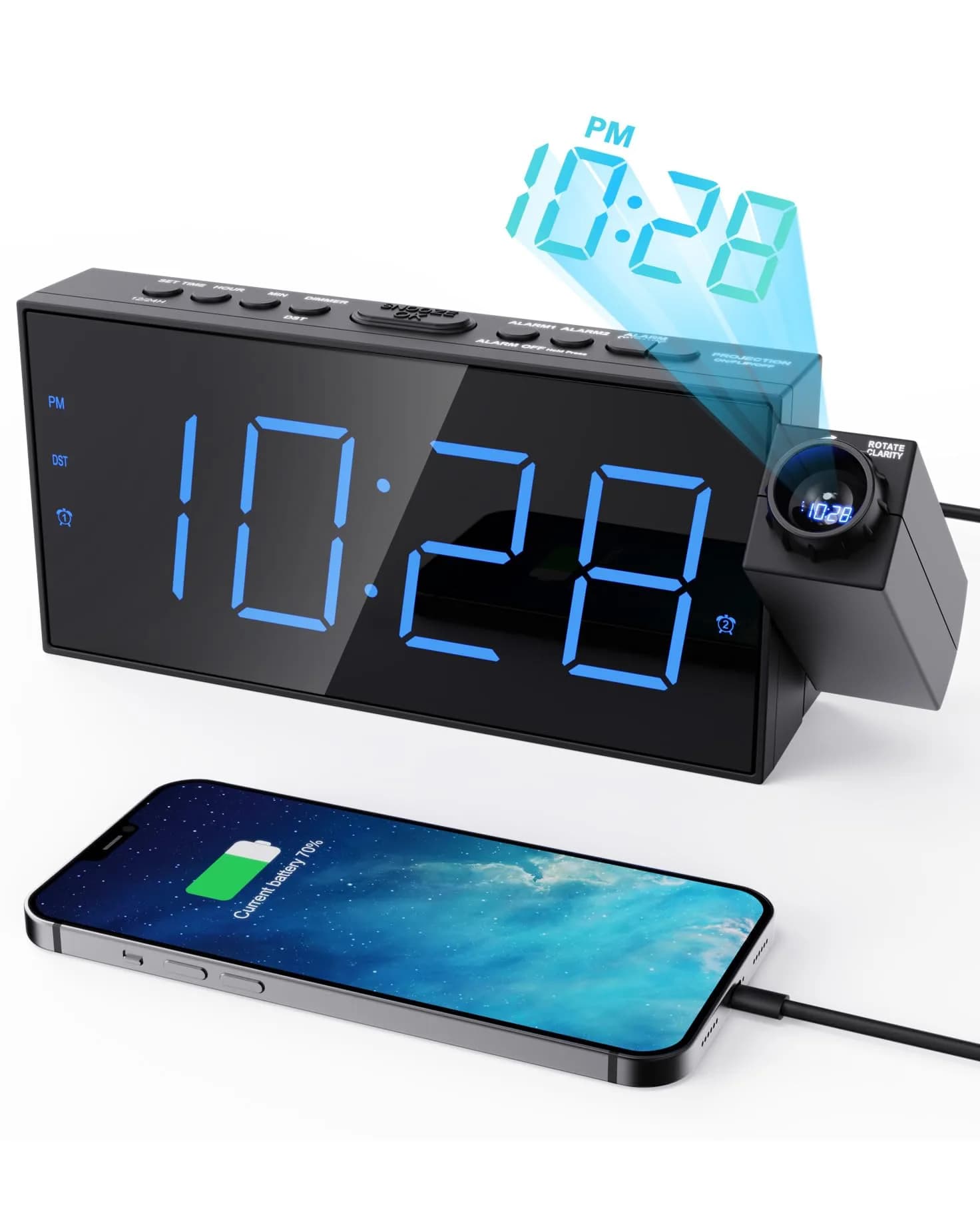 OnLyee Projection Alarm Clock with 180° Ceiling Projector & Dual Alarm, 7-Inch LED Display, White Digits/Red Projection | Modern Design for Bedroom — Blue Projection