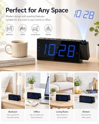 OnLyee Projection Alarm Clock for Bedroom Ceiling, 180° Projector, Dual Alarm, 7" Blue LED Display | Modern Bedside Clock thumbnail 8