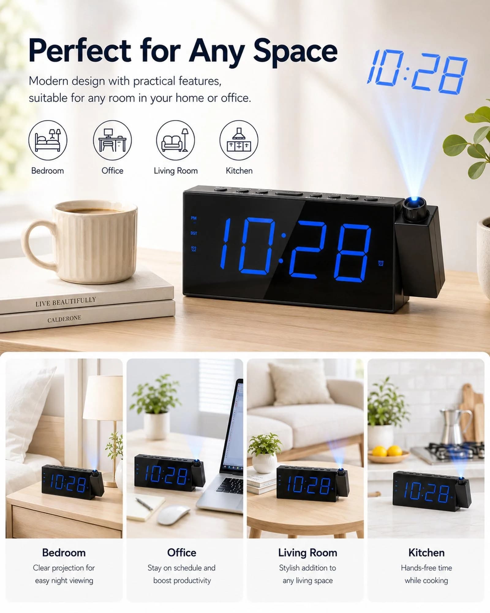 OnLyee Projection Alarm Clock for Bedroom Ceiling, 180° Projector, Dual Alarm, 7" Blue LED Display | Modern Bedside Clock - view 8