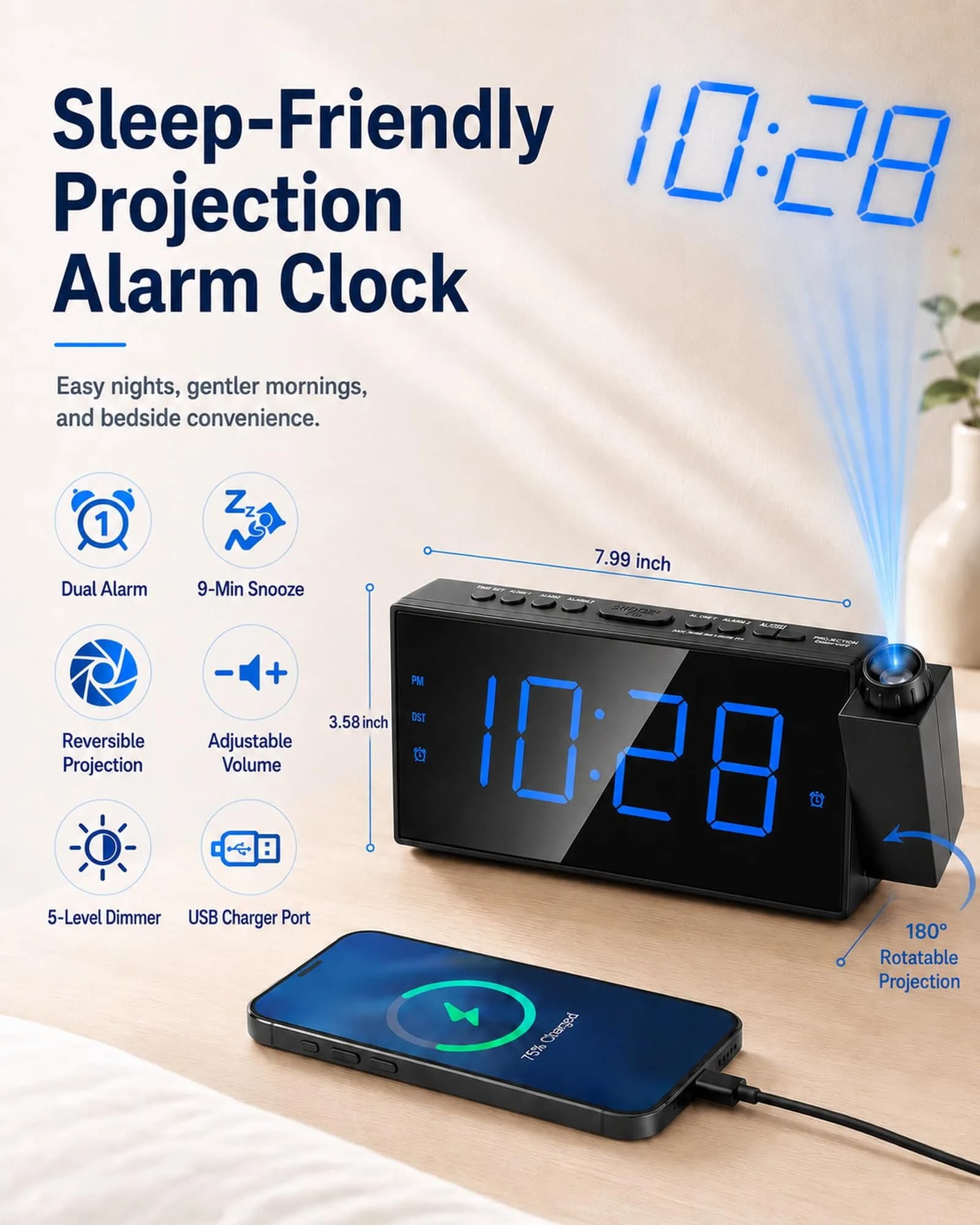 OnLyee Projection Alarm Clock for Bedroom Ceiling, 180° Projector, Dual Alarm, 7" Blue LED Display | Modern Bedside Clock - view 2