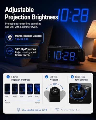OnLyee Projection Alarm Clock for Bedroom Ceiling, 180° Projector, Dual Alarm, 7" Blue LED Display | Modern Bedside Clock thumbnail 3