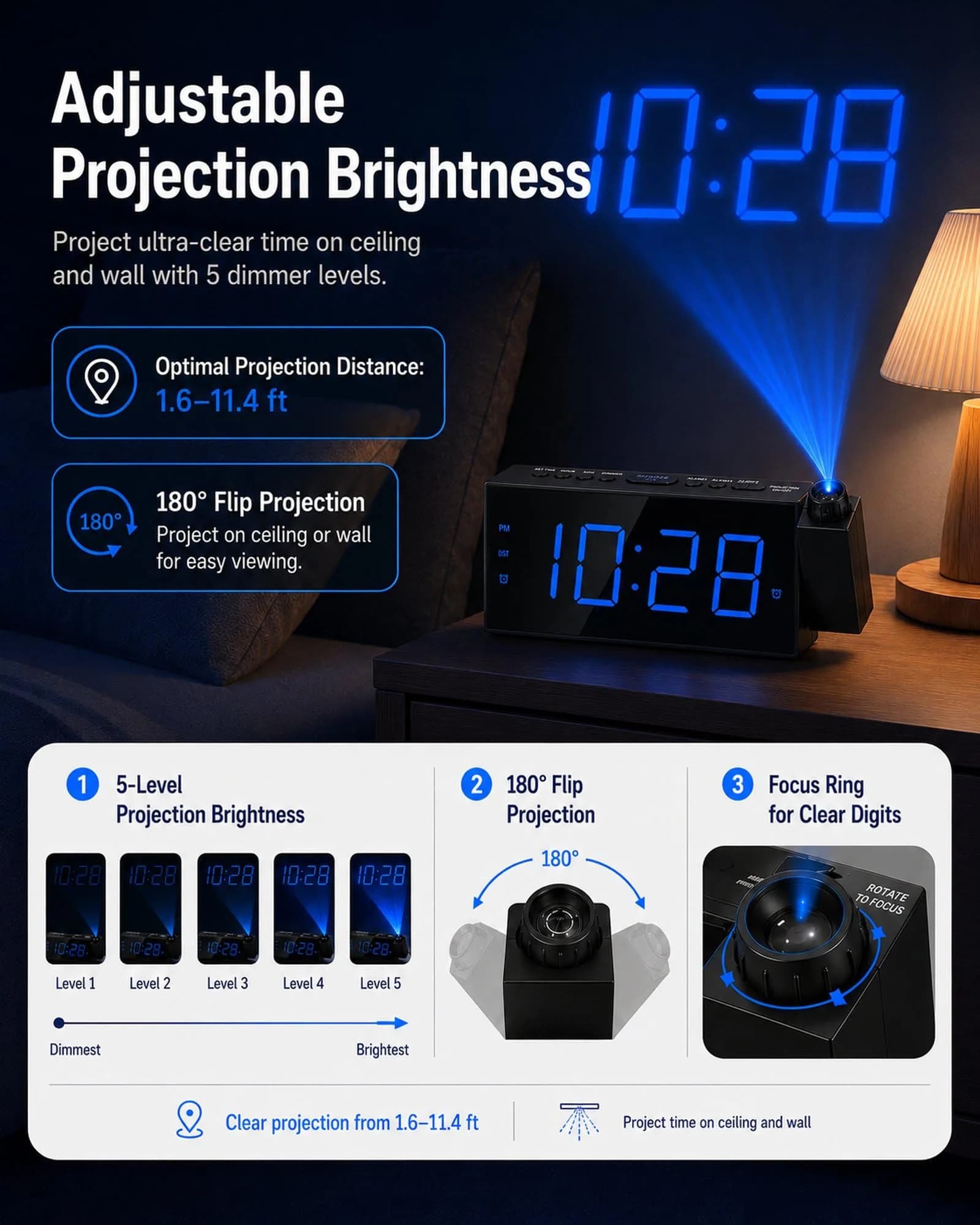 OnLyee Projection Alarm Clock for Bedroom Ceiling, 180° Projector, Dual Alarm, 7" Blue LED Display | Modern Bedside Clock - view 3