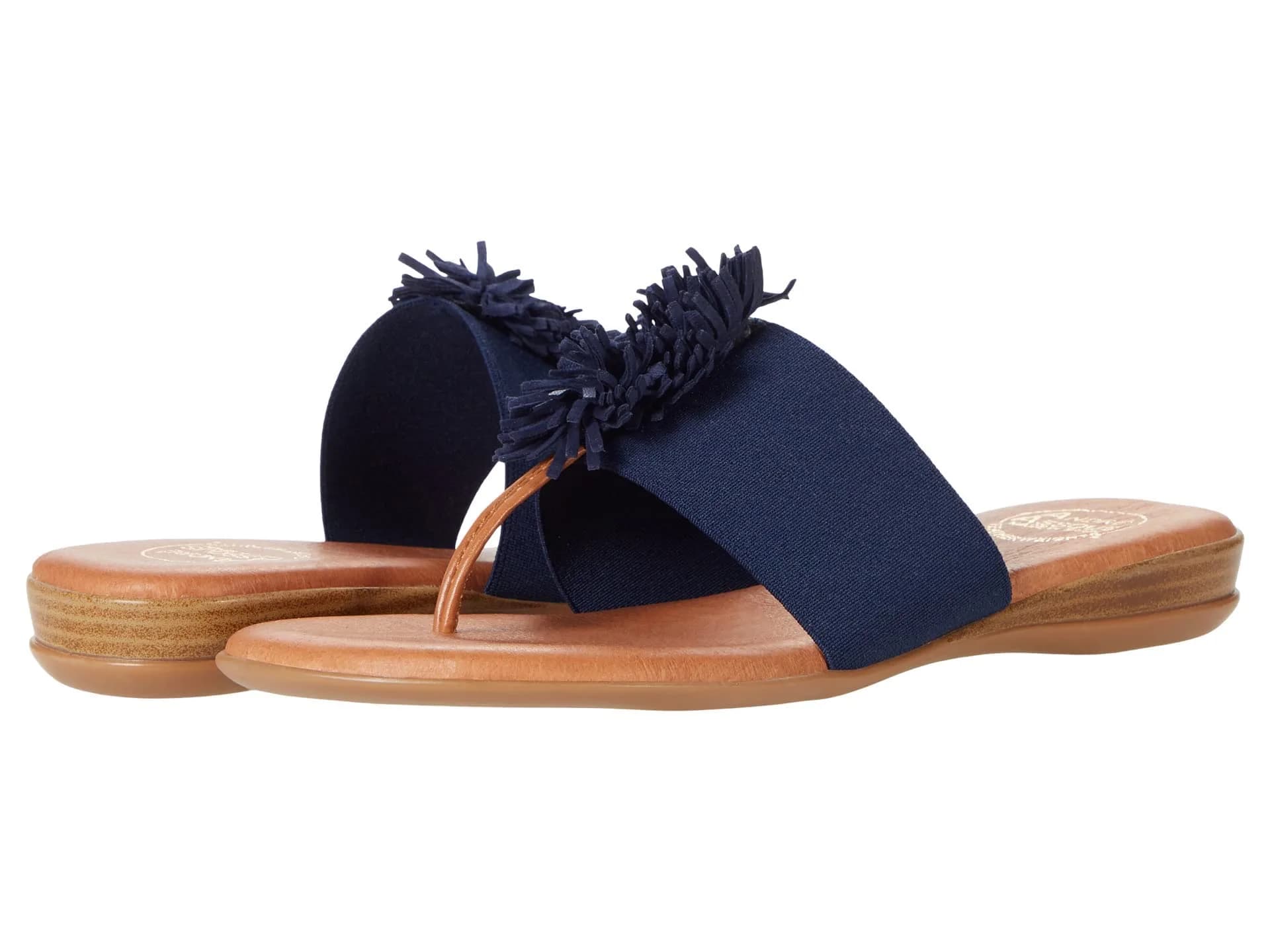 André Assous Novalee Flat, Navy, 7 | Leather Pom Poms, Slip-On, Flat Sandal for Women — Navy