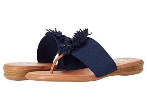 André Assous Novalee Flat, Navy, 7 | Leather Pom Poms, Slip-On, Flat Sandal for Women thumbnail 1