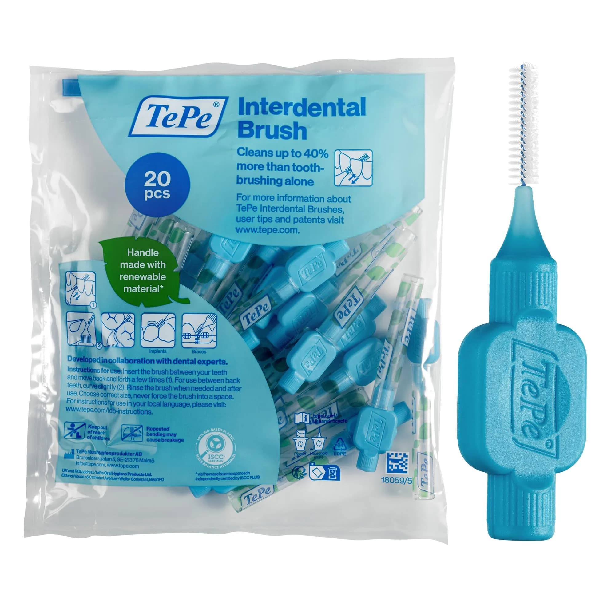 TePe Original Interdental Brushes Size 5-0.8mm | 20 Count (Blue) | Dermatologist Tested Hypoallergenic Toothbrush - main product image