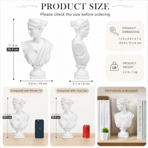 Norrclp Greek Statue of Diana Head Bust 31.75cm (12.5in) | Classic Roman Sculpture for Home Decor thumbnail 2