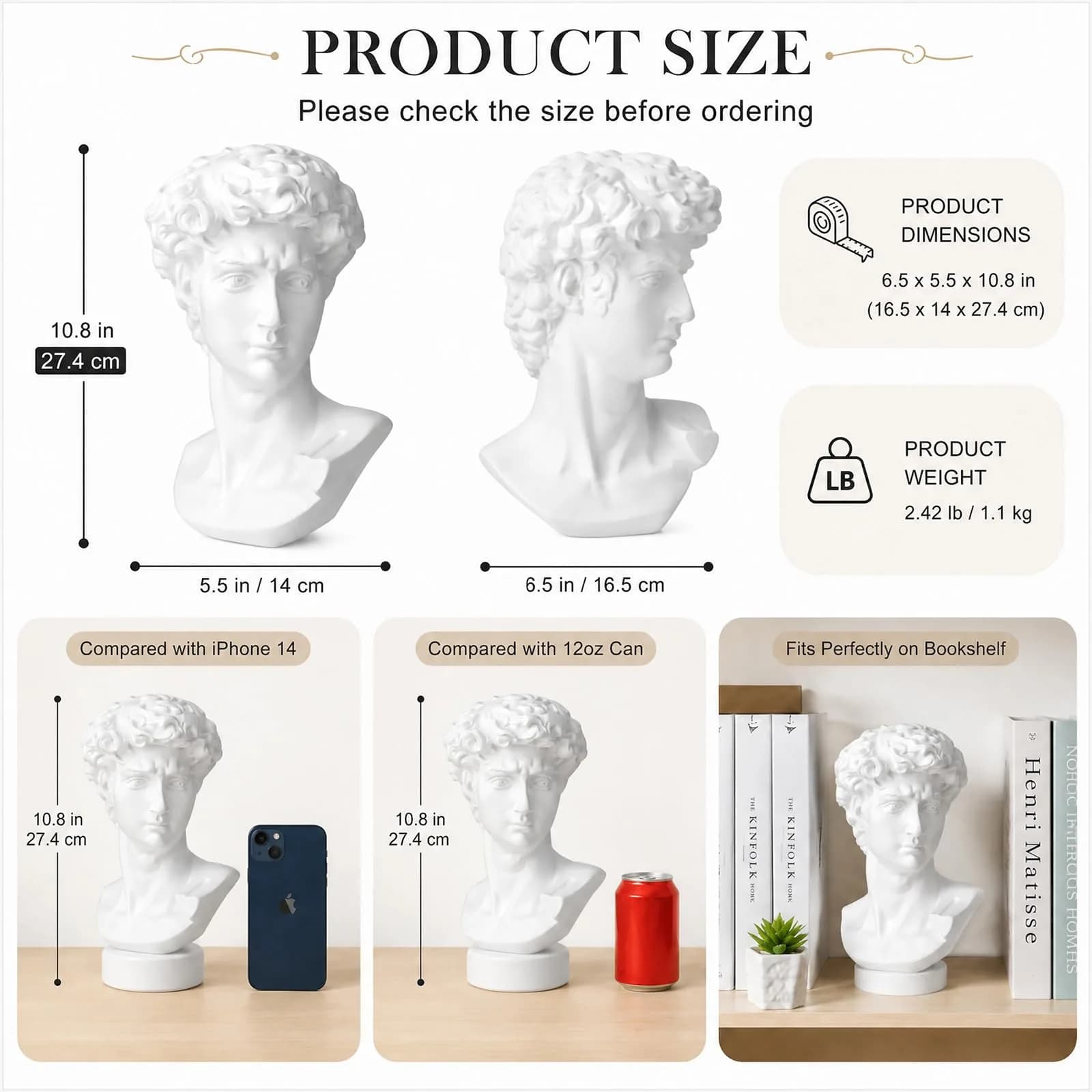 Norrclp 11in Greek Statue of David Bust, Classic Roman Head Sculpture | Resin Art Decoration - view 2