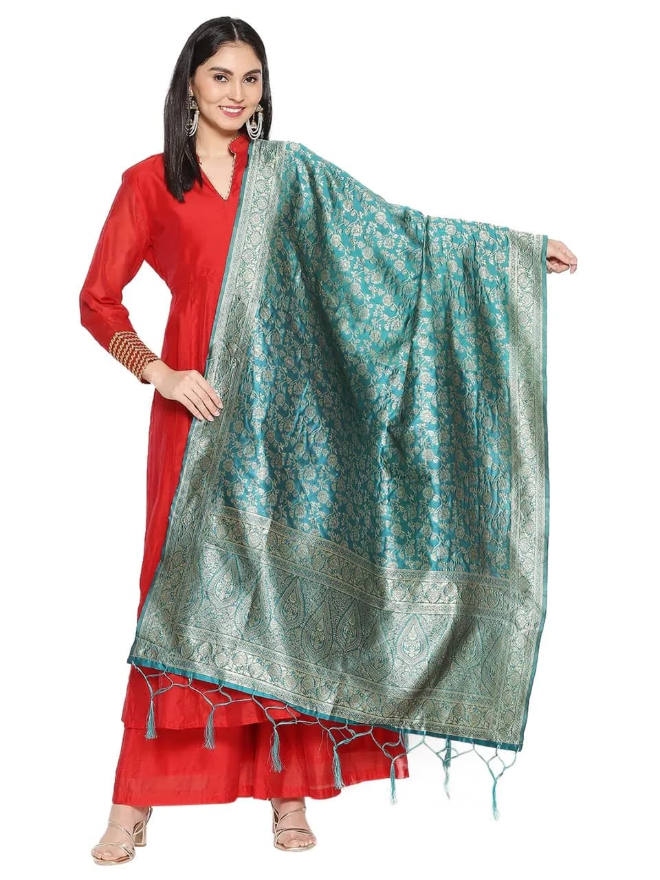 DUPATTA BAZAAR Rama Green Banarasi Silk Dupatta with Floral Weaving 2.29 m (2.5 yd) | Hand-Woven Artisan Craftsmanship