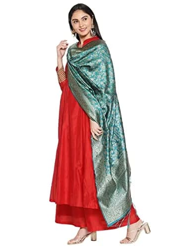 DUPATTA BAZAAR Rama Green Banarasi Silk Dupatta with Floral Weaving 2.29 m (2.5 yd) | Hand-Woven Artisan Craftsmanship thumbnail 4
