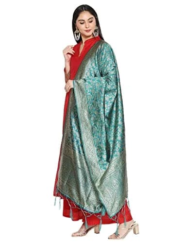 DUPATTA BAZAAR Rama Green Banarasi Silk Dupatta with Floral Weaving 2.29 m (2.5 yd) | Hand-Woven Artisan Craftsmanship thumbnail 2
