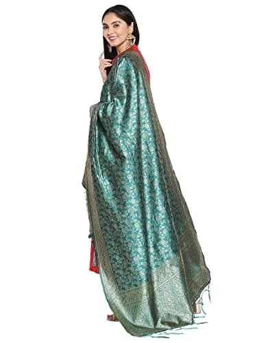 DUPATTA BAZAAR Rama Green Banarasi Silk Dupatta with Floral Weaving 2.29 m (2.5 yd) | Hand-Woven Artisan Craftsmanship thumbnail 3