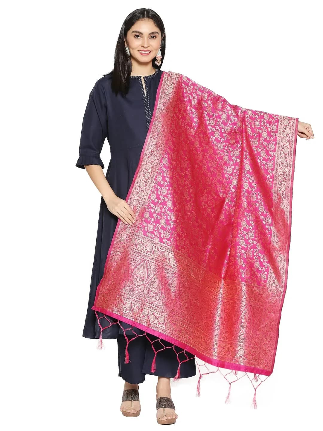 DUPATTA BAZAAR Rani Pink Banarasi Silk Dupatta 2.28 m (2.49 yd) | Floral Weaving with Tassels — Pink