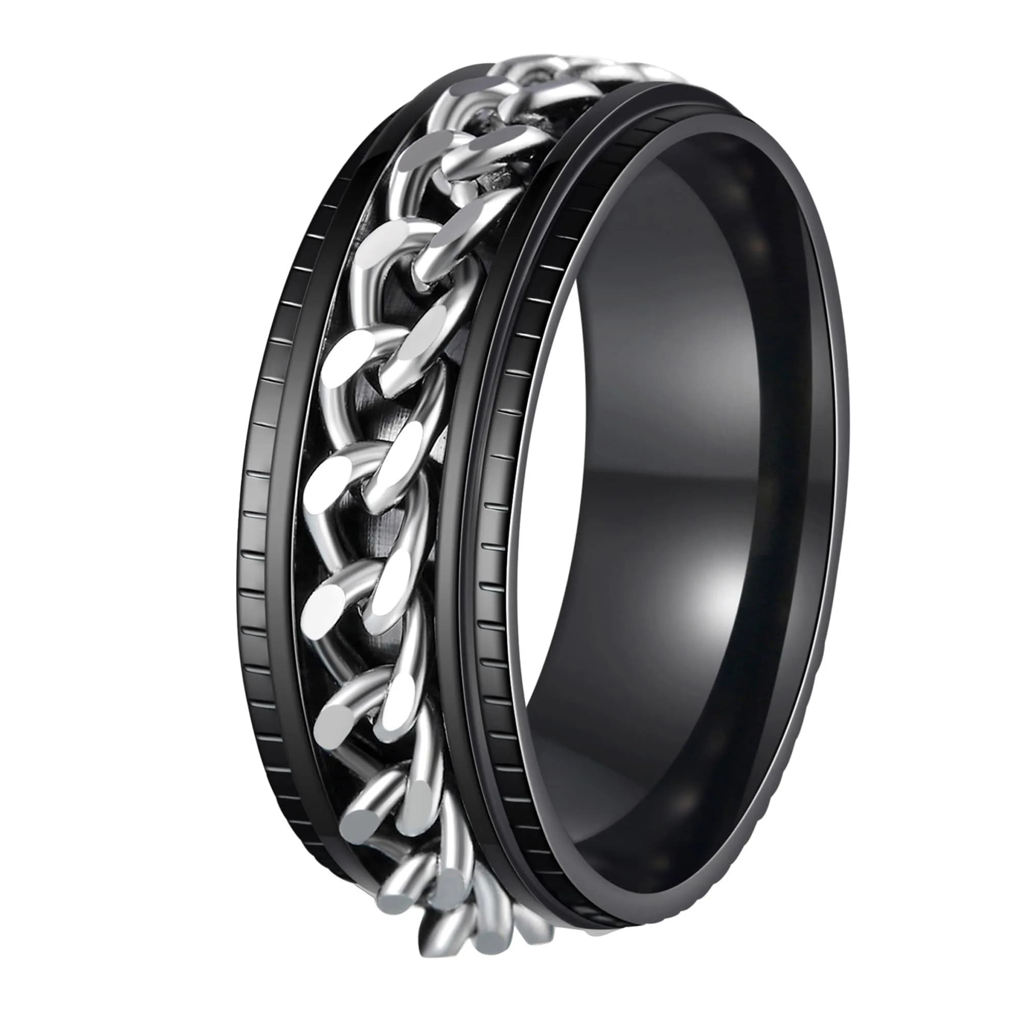 Udolfly Men's Fidget Rings Anxiety Spinner Ring Black Silver 12 | Stress Relief, Durable Titanium Steel - main product image