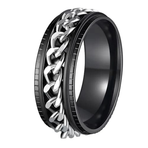 Udolfly Men's Fidget Rings Anxiety Spinner Ring Black Silver 12 | Stress Relief, Durable Titanium Steel thumbnail 1