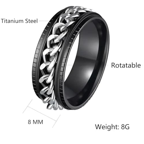 Udolfly Men's Fidget Rings Anxiety Spinner Ring Black Silver 12 | Stress Relief, Durable Titanium Steel thumbnail 6
