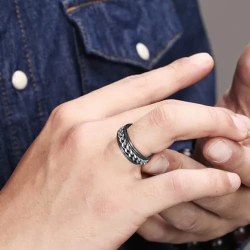 Udolfly Men's Fidget Rings Anxiety Spinner Ring Black Silver 12 | Stress Relief, Durable Titanium Steel thumbnail 2