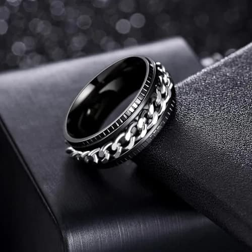 Udolfly Men's Fidget Rings Anxiety Spinner Ring Black Silver 12 | Stress Relief, Durable Titanium Steel thumbnail 3
