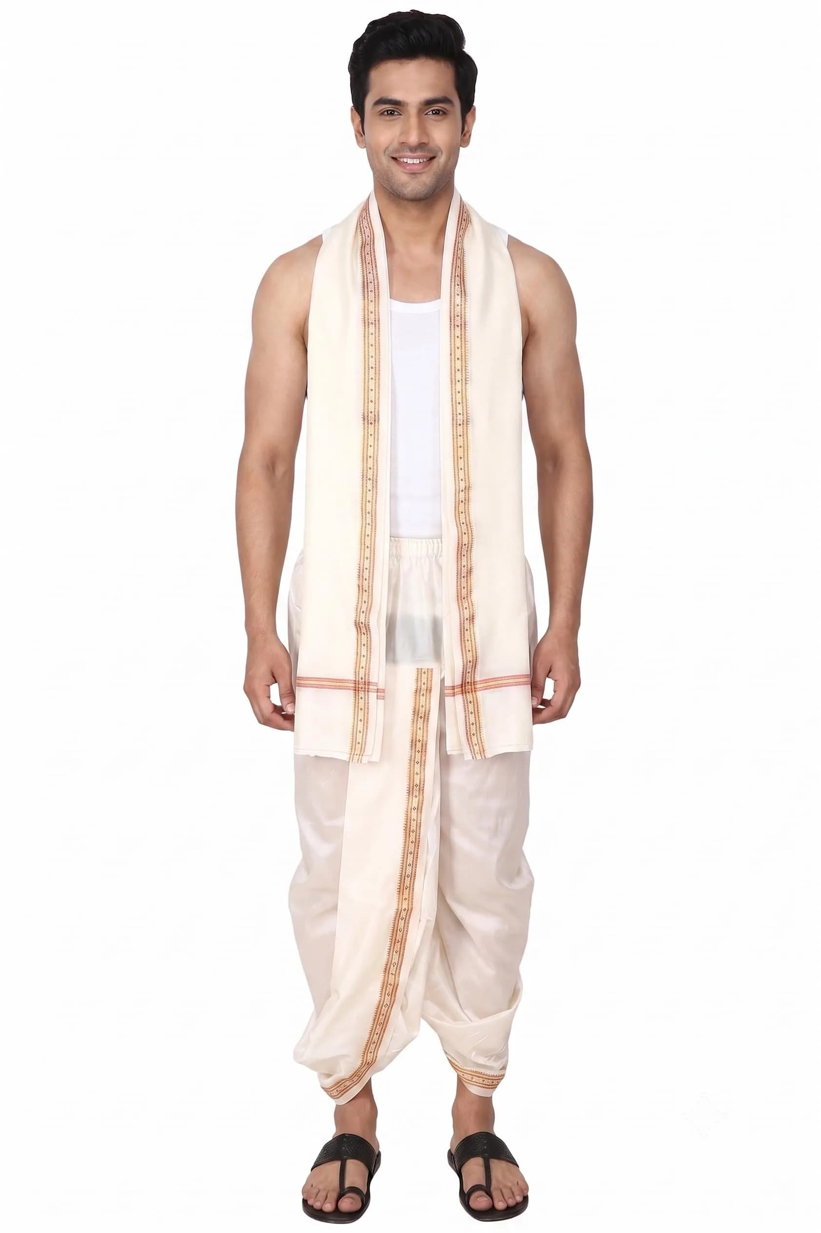 Rameshwaram Fabrics Men's Traditional Indian Readymade Dhoti with Angavastram | Elastic Waist 28-40 Inches | 40 Inch Length | Art Silk Veshti for Wedding, Temple, Puja, Diwali & Cultural Events — Cream