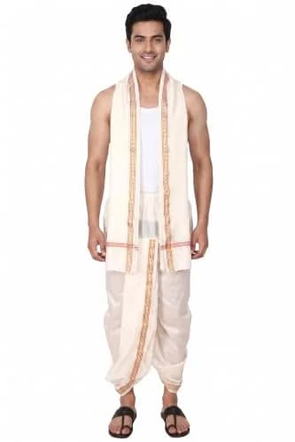 Rameshwaram Fabrics Men's Traditional Indian Readymade Dhoti with Angavastram | Elastic Waist 28-40 Inches | 40 Inch Length | Art Silk Veshti for Wedding, Temple, Puja, Diwali & Cultural Events thumbnail 1