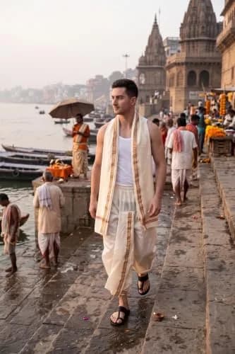 Rameshwaram Fabrics Men's Traditional Indian Readymade Dhoti with Angavastram | Elastic Waist 28-40 Inches | 40 Inch Length | Art Silk Veshti for Wedding, Temple, Puja, Diwali & Cultural Events thumbnail 4