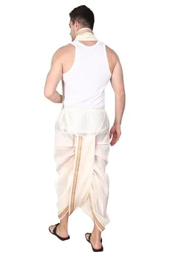 Rameshwaram Fabrics Men's Traditional Indian Readymade Dhoti with Angavastram | Elastic Waist 28-40 Inches | 40 Inch Length | Art Silk Veshti for Wedding, Temple, Puja, Diwali & Cultural Events thumbnail 5