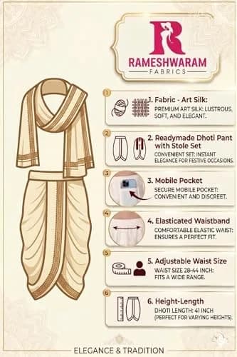 Rameshwaram Fabrics Men's Traditional Indian Readymade Dhoti with Angavastram | Elastic Waist 28-40 Inches | 40 Inch Length | Art Silk Veshti for Wedding, Temple, Puja, Diwali & Cultural Events thumbnail 6