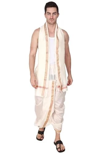Rameshwaram Fabrics Men's Traditional Indian Readymade Dhoti with Angavastram | Elastic Waist 28-40 Inches | 40 Inch Length | Art Silk Veshti for Wedding, Temple, Puja, Diwali & Cultural Events thumbnail 7